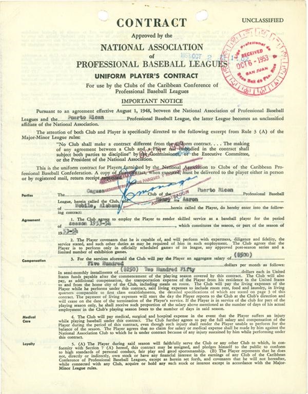 Baseball Memorabilia - 1953-54 Hank Aaron Contract