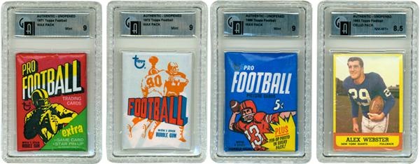 - Collection of Four Unopened Football Packs Including 1963 Cello All GAI Graded