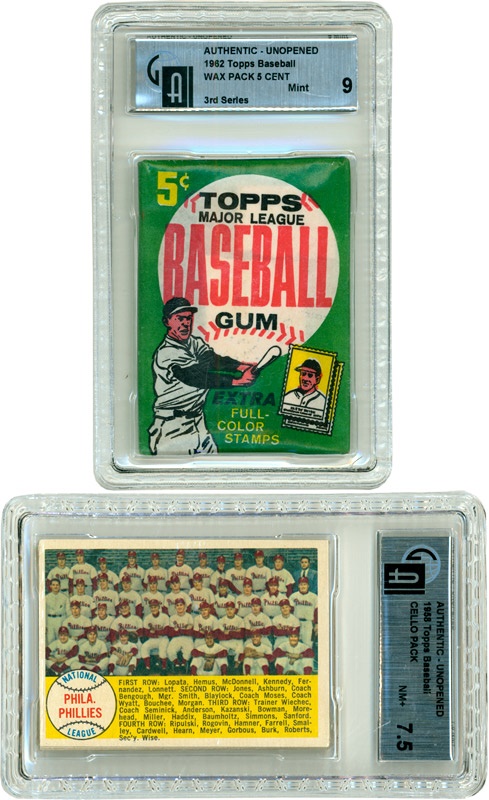 Unopened Material - 1958 Topps Baseball Cello Pack GAI 7.5 NM+ & 1962 Topps Wax Pack GAI 9 MINT Mantle Series