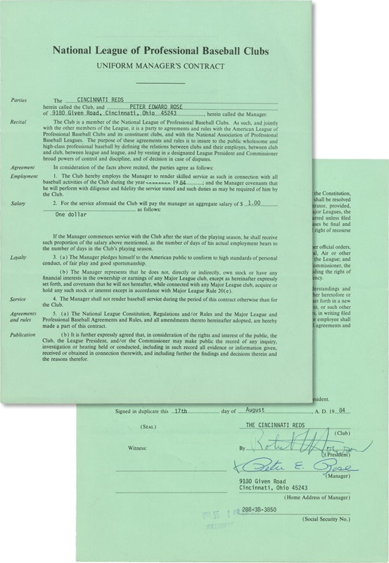 - 1984 Pete Rose Signed National League Manager&#39;s Contract