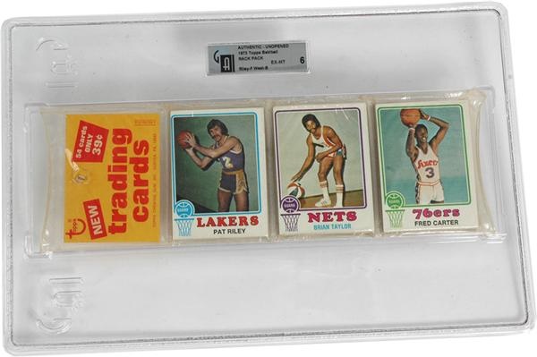 Unopened Material - 1973 Topps Basketball Rack Pack GAI 6 EX-MT With Riley on Front