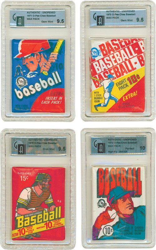 Unopened Material - Collection of Four 1970&#39;s OPC Baseball Wax Packs GAI 9.5 & GAI 10 Perfect