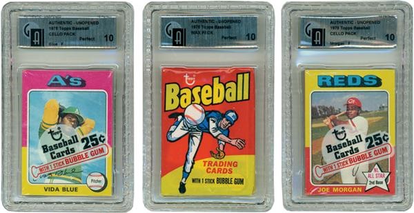 Three 1975 Topps Baseball Unopened Packs All GAI 10 Perfect (2 Cello Packs & 1 Wax PacK)