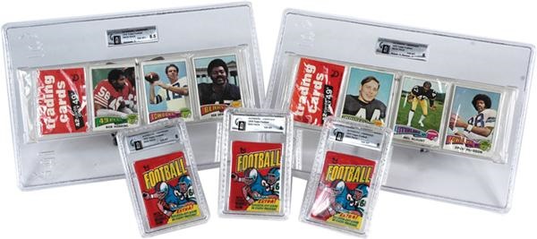 - (4) 1975 Topps Rack Packs (1) With Staubach on Front & (6) 1975 Topps Football Wax Pack - All GAI Graded