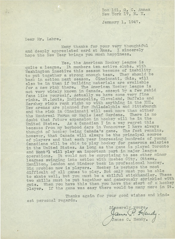 - 1947 Jim Hendy Typed Signed Letter