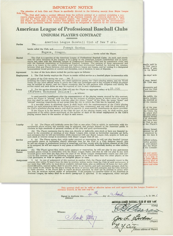 NY Yankees, Giants & Mets - 1941 Joe Gordon Signed New York Yankees Contract