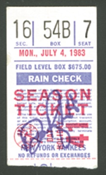 NY Yankees, Giants & Mets - 1983 Dave Righetti No-Hitter Ticket Stub