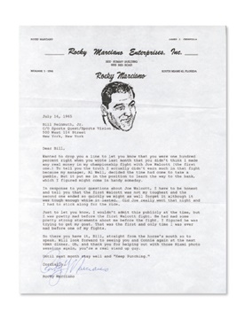 - 1965 Rocky Marciano Signed Letter with Jersey Joe Content