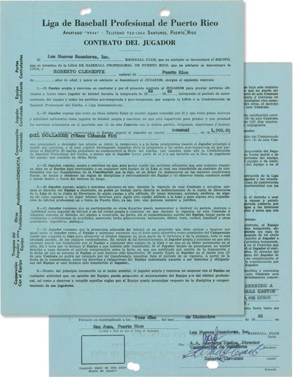 Clemente and Pittsburgh Pirates - Roberto Clemente Contract 1965-1966