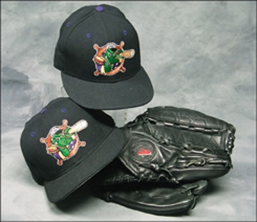 Game Used Baseball Jerseys and Equipment - 1996 Hideki Irabu Game Used Glove & Caps