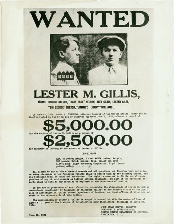 Crime - Lester M. Gillis aka &quot;Baby Face&quot; Nelson Wanted Photo