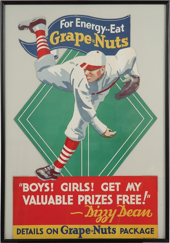 Ernie Davis - 1930&#39;s Dizzy Dean Grape-Nuts Cardboard Advertising Sign