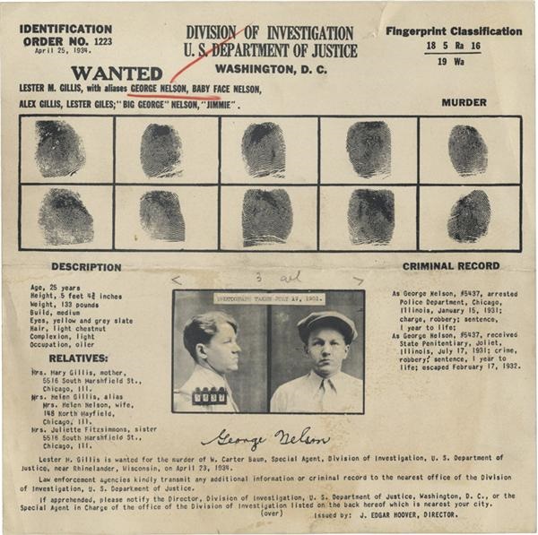 Crime - George “Babyface” Nelson original Wanted Poster