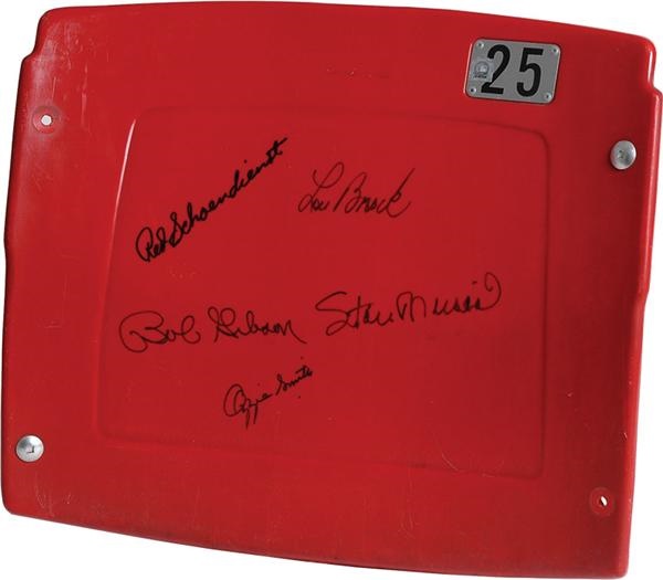 - Seat Back and Photo Signed by All Five Cardinals Living Hall of Famers (2)