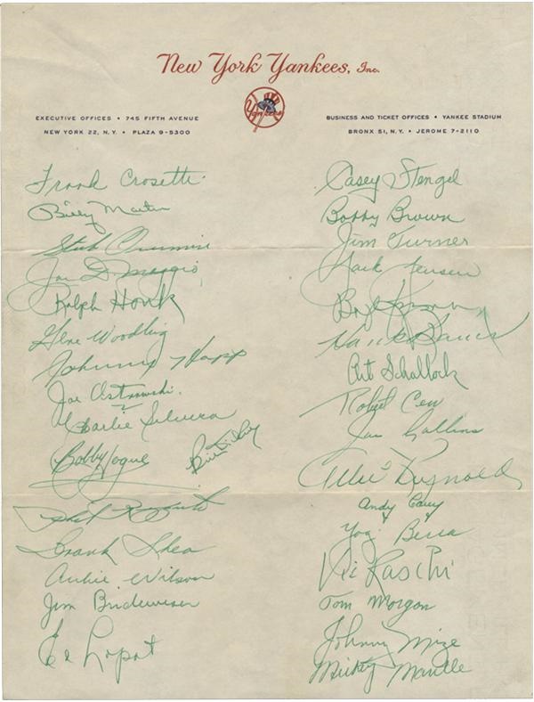 - 1951 New York Yankees Team Signed Sheet With Mantle and DiMaggio