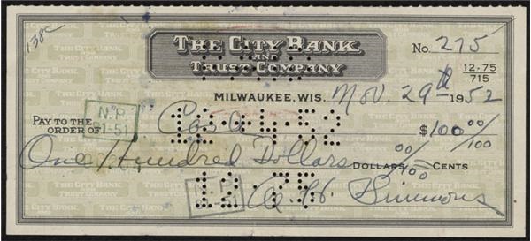 - 1952 Al Simmons Signed Personal Check