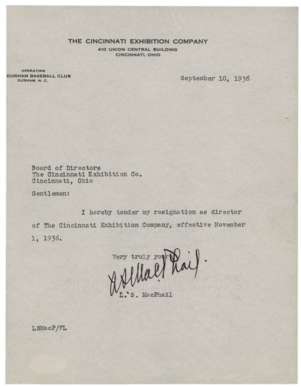 - 1936 Larry MacPhail Signed Resignation Letter to the Reds