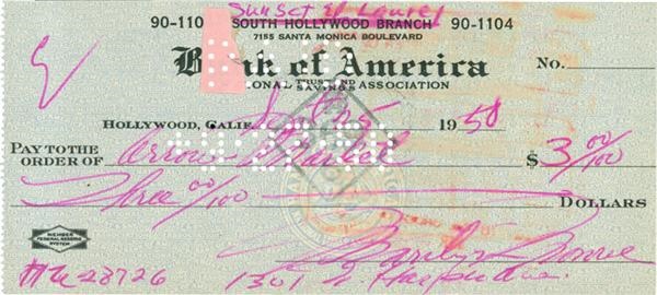 Rock And Pop Culture - 1950 Marilyn Monroe Signed Bank Check