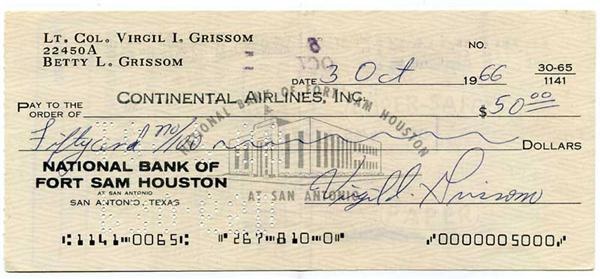 Autographs - Gus Grissom Astronaut Signed Check D.1967 Crash
