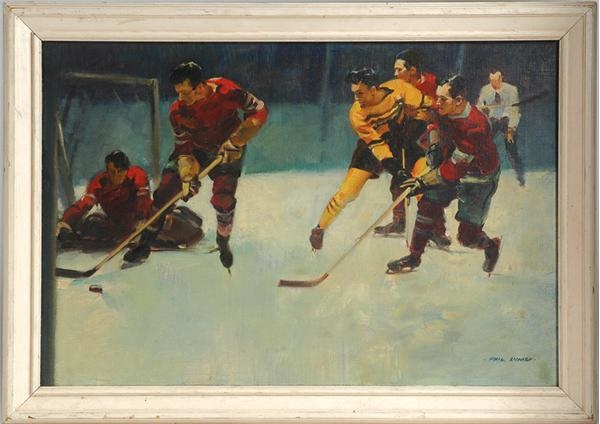 Hockey Memorabilia - Important 1930s Hockey Oil On Canvas By Phil Lyford (1887-1950)