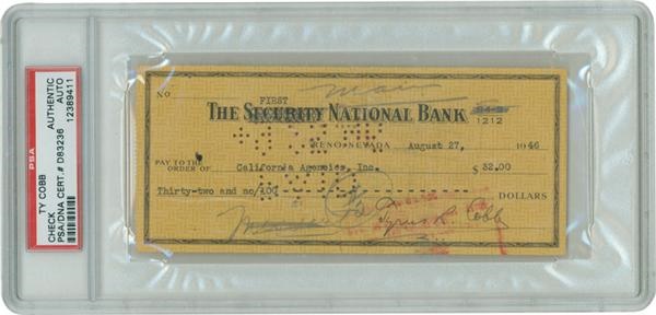 Baseball Autographs - Tyrus R.  Cobb Stabbed and Autographed Check