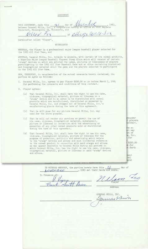 1963 Nellie Fox Signed Contract