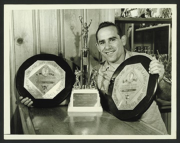 NY Yankees, Giants & Mets - 1955 Yogi Berra M.V.P. Award Wire Photograph (7x9")