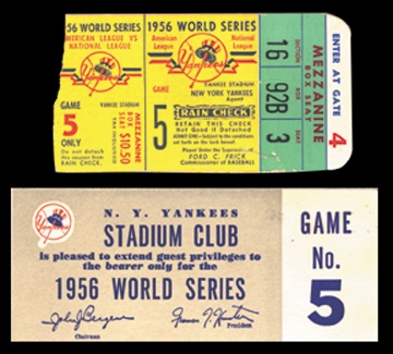 NY Yankees, Giants & Mets - 1956 Don Larsen Perfect Game Ticket Stub & Stadium Club Pass