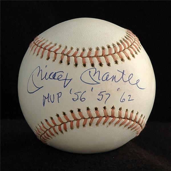 NY Yankees, Giants & Mets - Mickey Mantle "MVP '56, '57, & '62" Single Signed Baseball