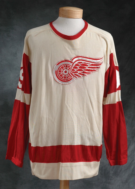 Hockey Equipment - 1960s Detroit Red Wings Game Worn Jersey Made For and Signed by Wayne Gretzky
