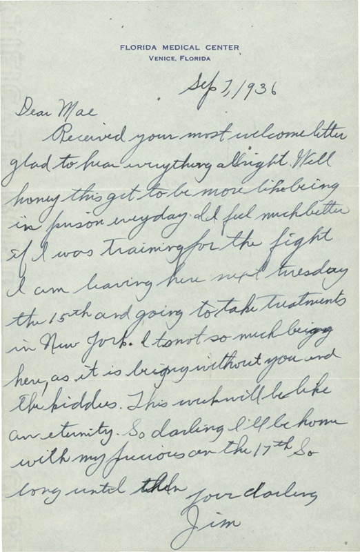 James J. Braddock One-Page 1936 Handwritten Letter to his wife Mae