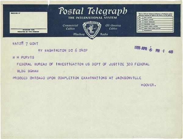 - J. Edgar Hoover Sends Melvin Purvis to Pursue John Dillinger Telegram