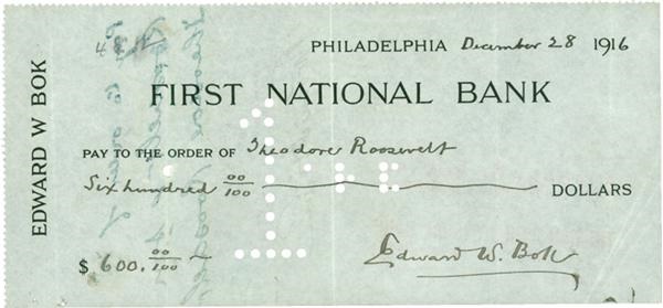 Teddy Roosevelt Signed Check for Ladies Home Journal Article