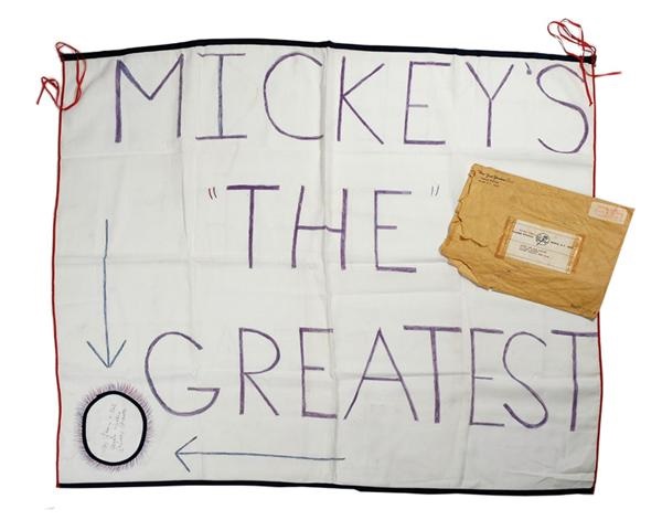 NY Yankees, Giants & Mets - 1966 Mickey Mantle Signed Banner with Original Mailing Envelope from Yankee Stadium (36x40")