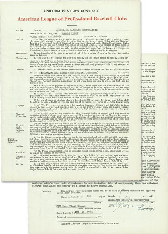 Baseball Autographs - 1949 Bob Lemon Player's Contract
