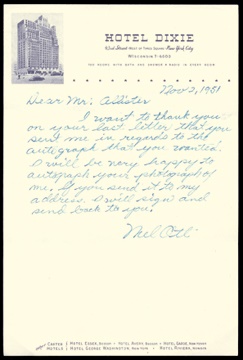 Baseball Autographs - 1951 Mel Ott Handwritten Letter