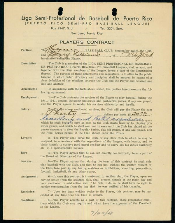Harry Williams Negro League Contract