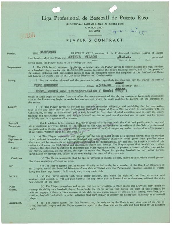 Baseball Memorabilia - Artie Wilson Negro League Contract