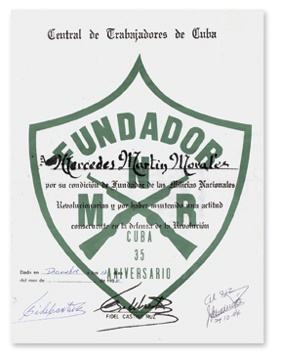 Cuban Sports Memorabilia - Castro Signed Veteran of the Cuban Revolution Certificate