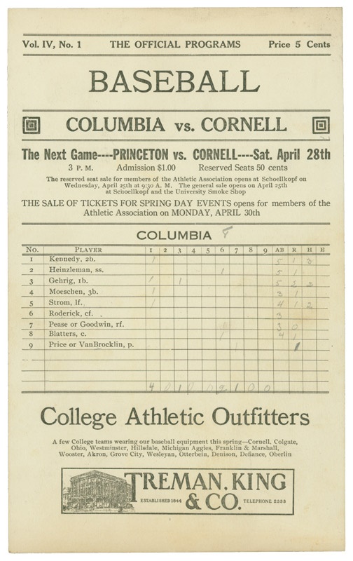 1922 Columbia Baseball Scorecard with Lou Gehrig
