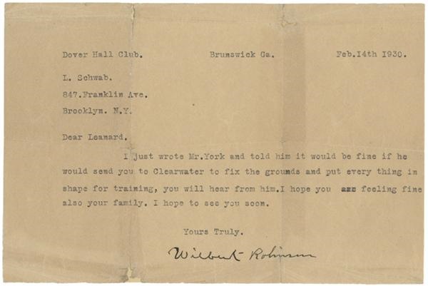 Baseball Autographs - 1930 Wilbert Robinson Signed Typed Letter