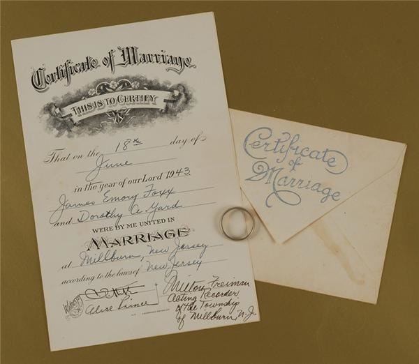 Ernie Davis - Jimmie Foxx's Wedding Ring and Marriage Certificate