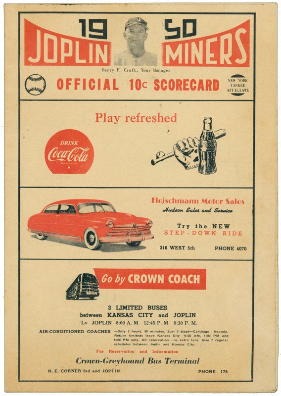 Mickey Mantle's Holiday Inn - Mickey Mantle 1950 Joplin Miners Scorecard
