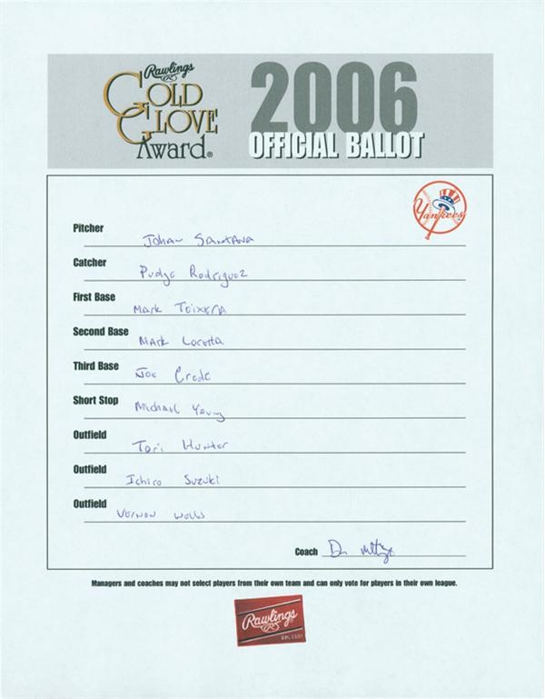 NY Yankees, Giants & Mets - 2006 New York Yankees Coaches Signed Gold Glove Award Ballots