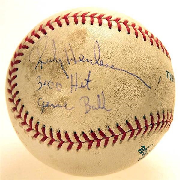 Game Used Baseball - Signed Rickey Henderson 3000th Hit Game Used Baseball