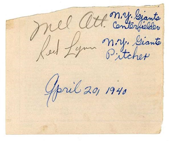 Mel Ott Baseball Hall of Famer Signature from 1940