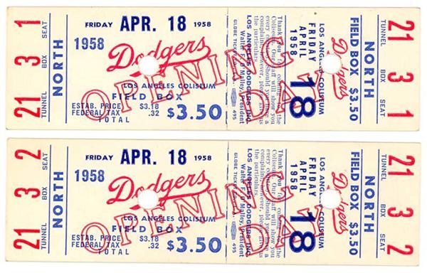 Baseball Memorabilia - 1958 LA Dodgers Opening Day Full Tickets (2)