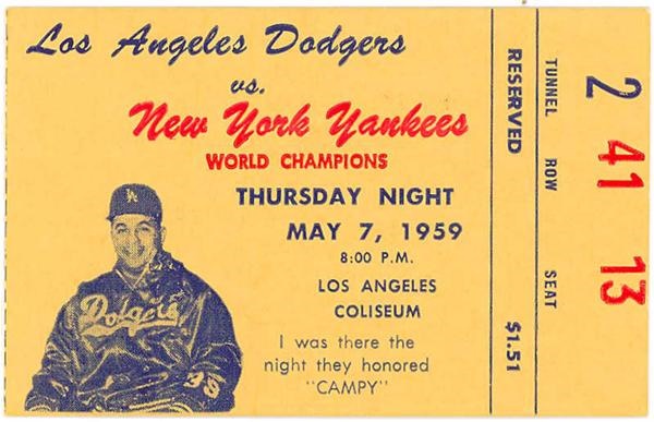 Baseball Memorabilia - Mint 1959 Roy Campanella Night Dodgers Ticket Stub