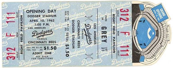 Baseball Memorabilia - 1962 Dodgers Grand Opening Baseball Full Ticket