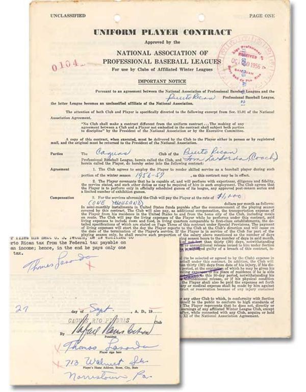 - 1956 Tommy Lasorda Signed Baseball Contract